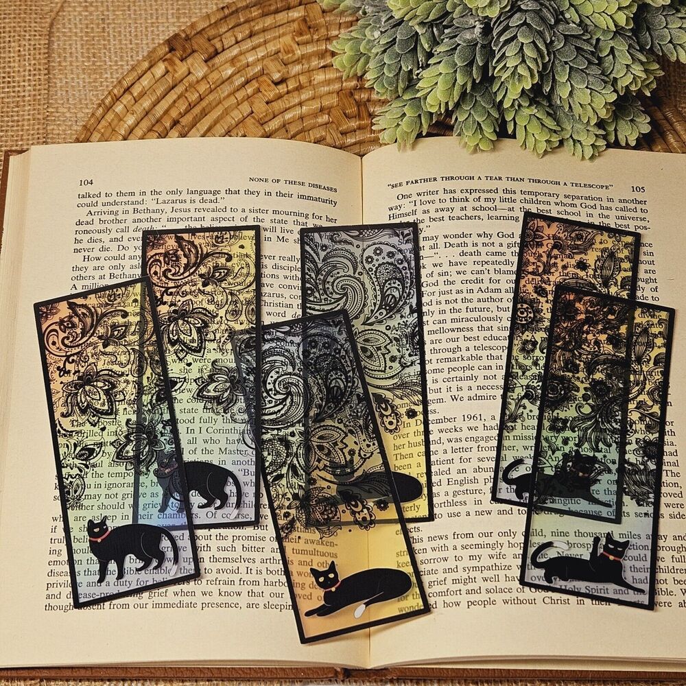 6 pcs Black Cat On Stained Glass Acrylic Bookmarks Book Marker Clips Reading